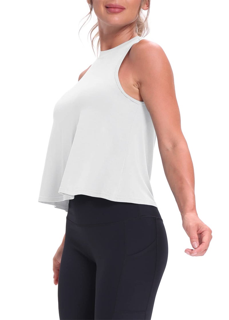 Mippo Cropped Workout Tops for Women Workout Shirts Sleeveless Tank Flowy Loose Crop High Neck Tank Tops White M - Image 4